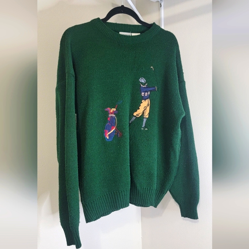 Vintage Hunter Green Embroidered Golf Sweater Crewneck Mens Size L Grandpacore